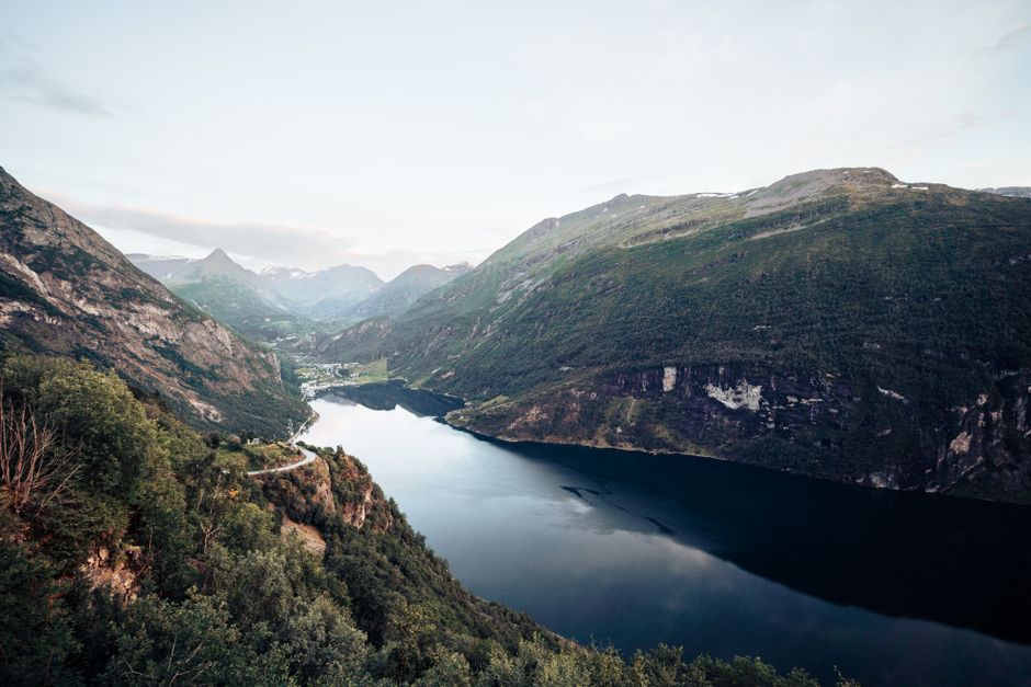 Breathtaking view of Geiranger Fjord and lush mountains in Norway. Perfect for nature enthusiasts.